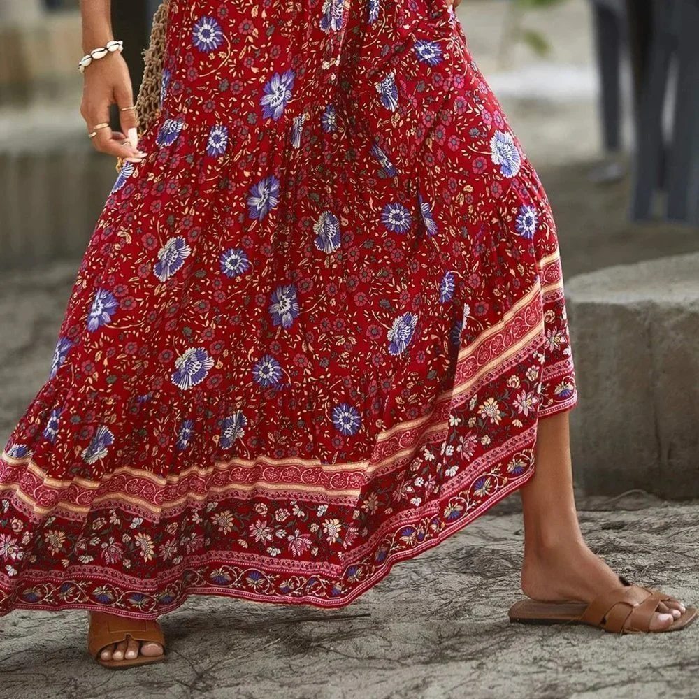 Red boho Womens Floral Print Ruffle Hem Skirt - Picture 4 of 5